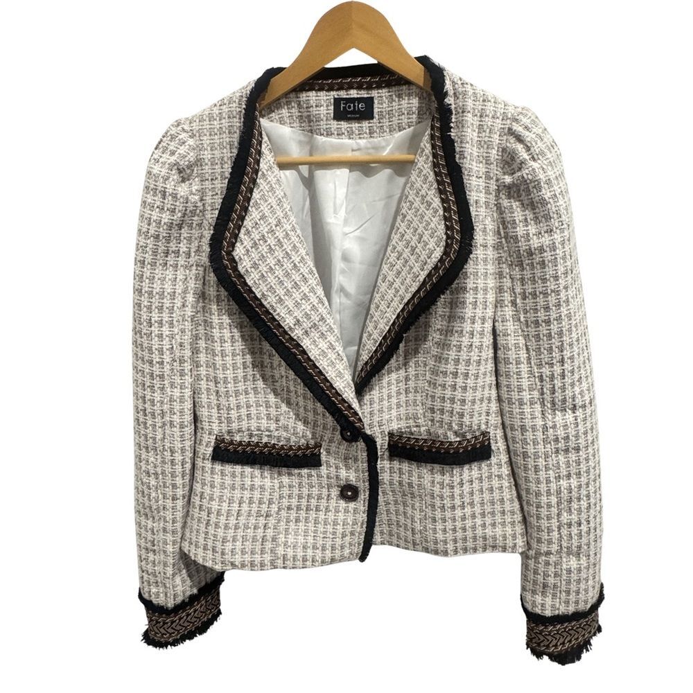 Fate Tweed Blazer Jacket Women Medium Fringe Trim Boucle Cropped Preppy Chic
